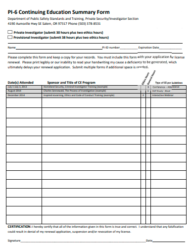 continuing education summary form template