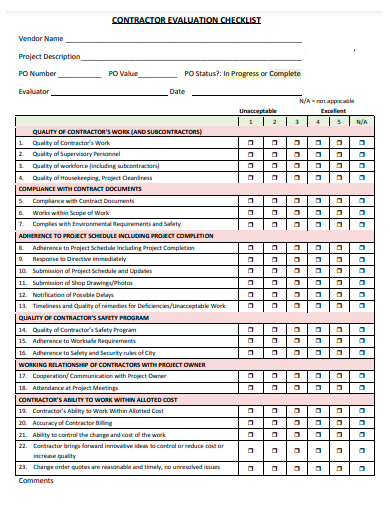 contractor evaluation checklist template
