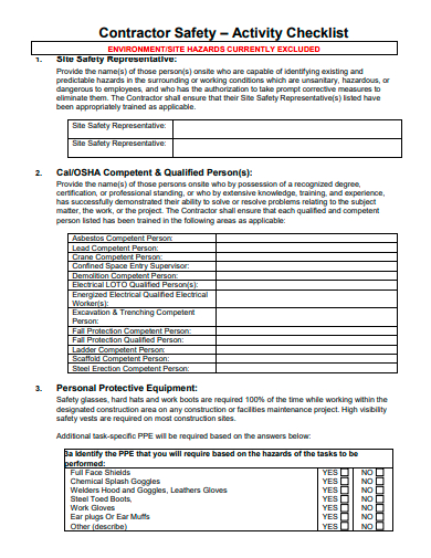 contractor safety activity checklist template