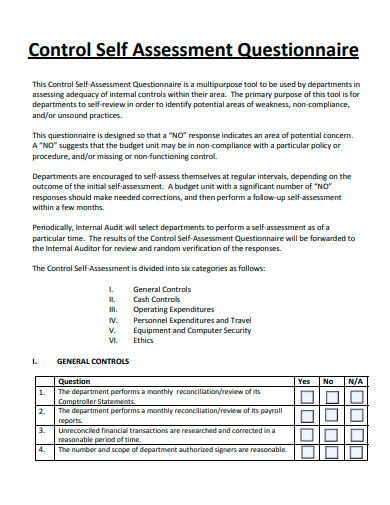 control self assessment questionnaire template