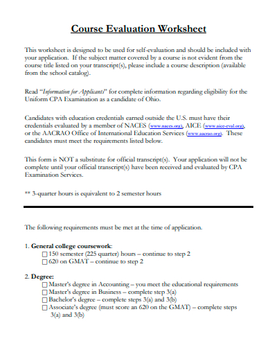 course evaluation worksheet template