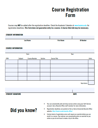 course registration form example