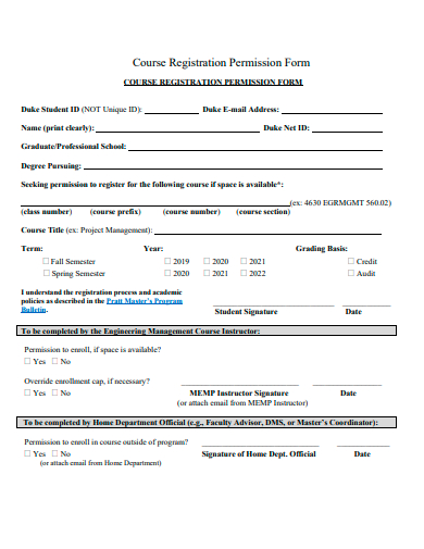 course registration permission form template