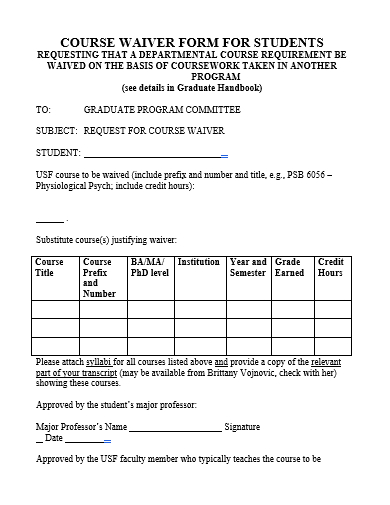 course waiver form for students template