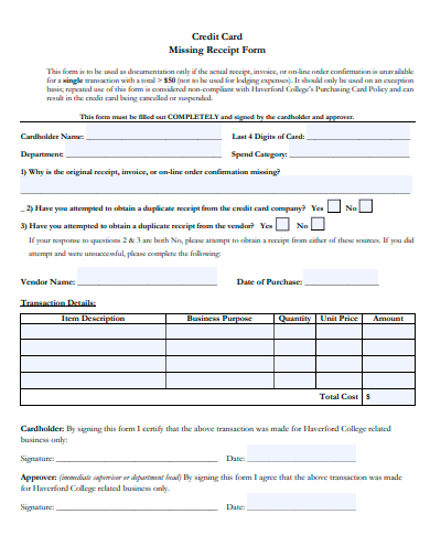 credit card missing receipt form template