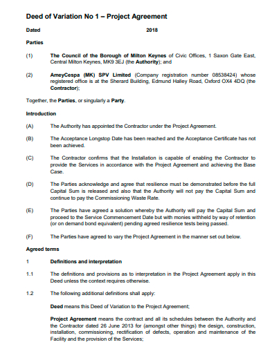 deed of variation project agreement template