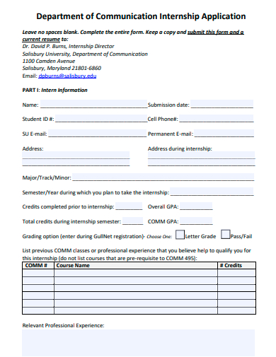 department of communication internship application template