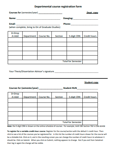 departmental course registration form template
