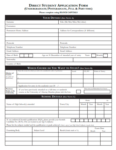 direct student application form template