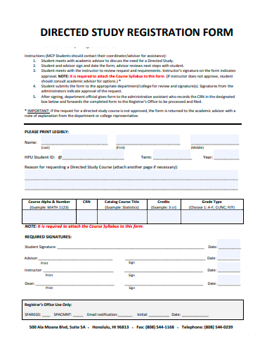 directed study registration form template