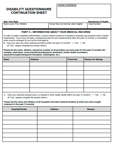 disability questionnaire continuation sheet template