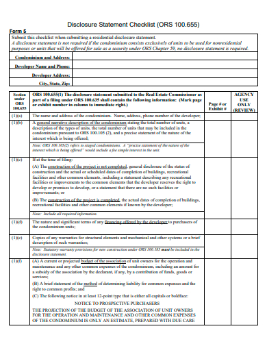 disclosure statement checklist template