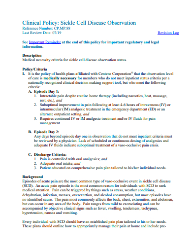 disease observation clinical policy template