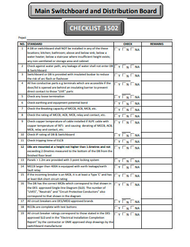 distribution board checklist template