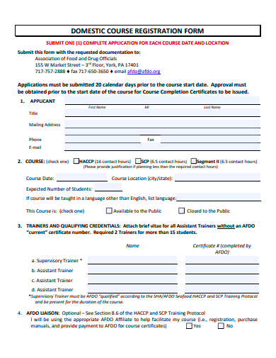 domestic course registration form template