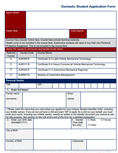 domestic student application form template