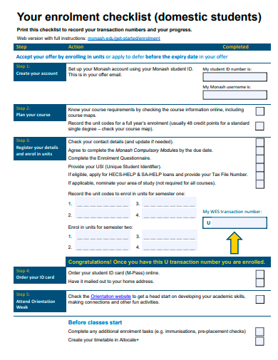 domestic student enrollment checklist template