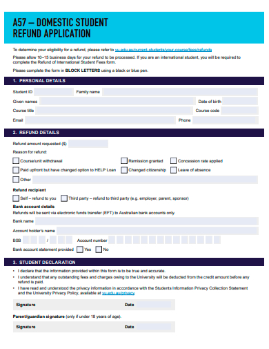 domestic student refund application template
