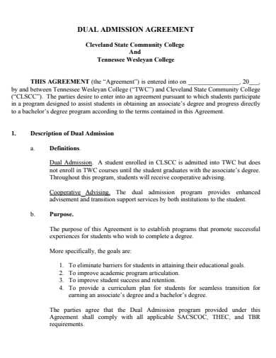dual admission agreement template