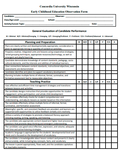 early childhood education observation form template