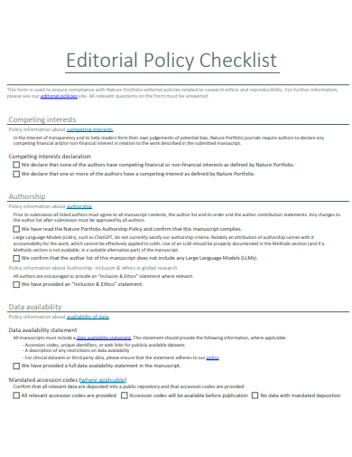 editorial policy checklist template