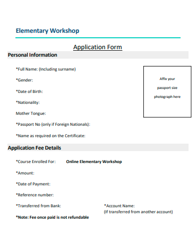 elementary workshop application form template
