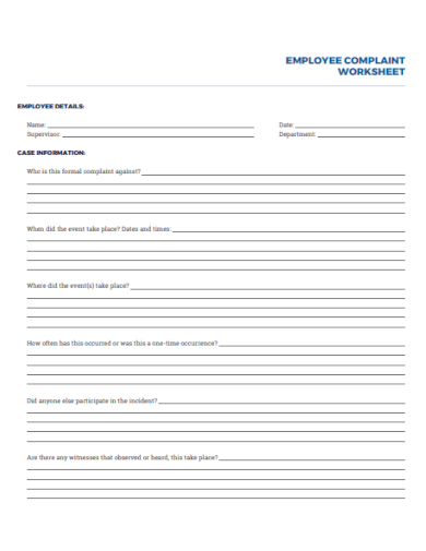 employee complaint worksheet