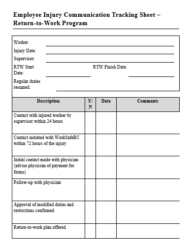 employee injury communication tracking sheet template