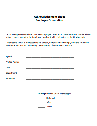 employee orientation acknowledgement sheet template