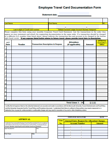 employee travel card documentation form template
