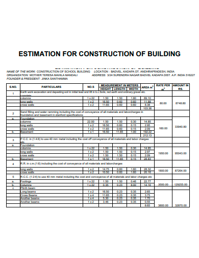 estimation for construction of building template