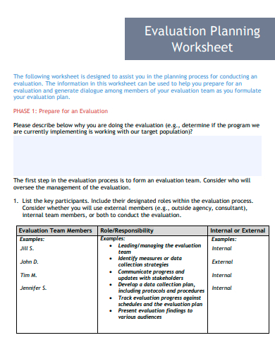 evaluation planning worksheet template