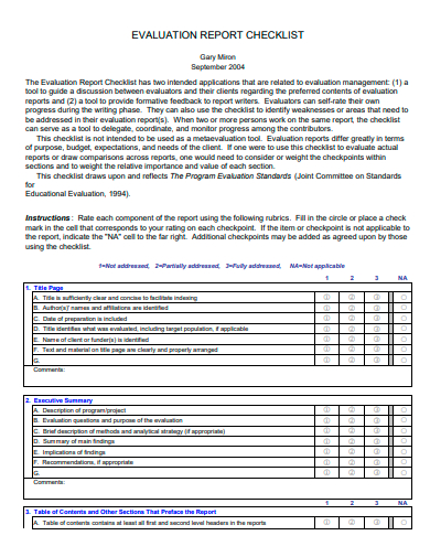 evaluation report checklist template