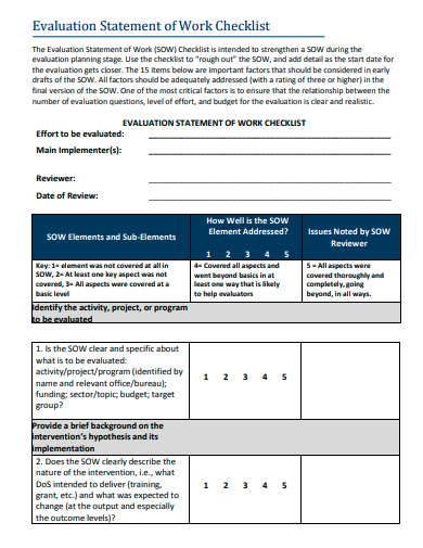 evaluation statement of work checklist template