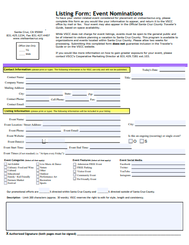event nominations listing form template