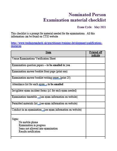 examination material checklist template