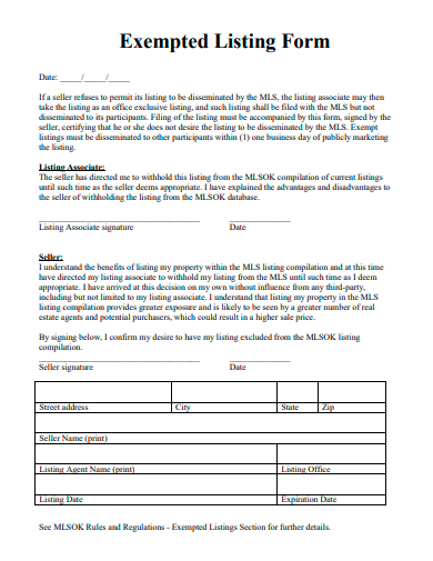exempted listing form template