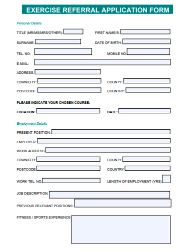 exercise referral application form template