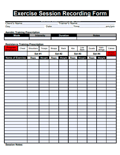 exercise session recording form template