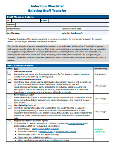 existing staff transfer induction checklist template