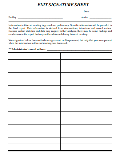 exit signature sheet template