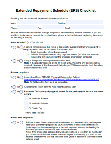 extended repayment schedule checklist template