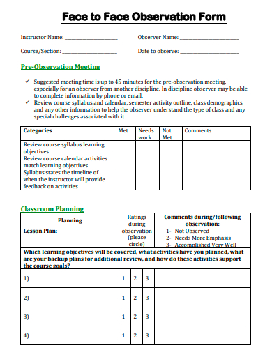 face to face observation form template