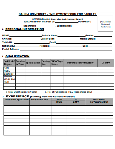 faculty employment form template