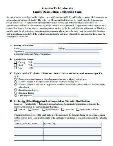 faculty qualification verification form template