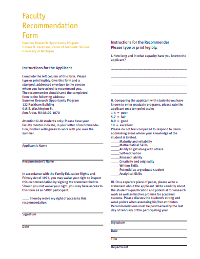 faculty recommendation form template