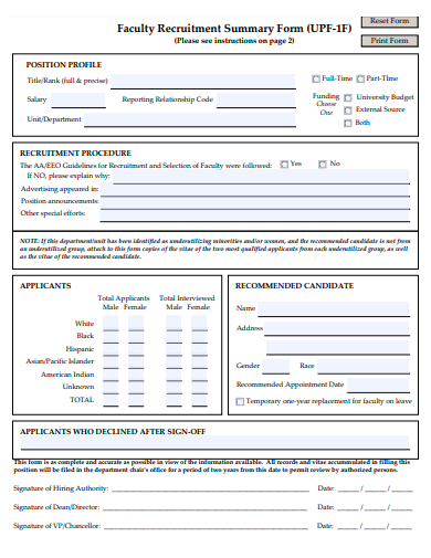 faculty recruitment summary form template
