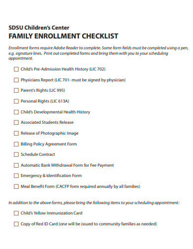 family enrollment checklist template