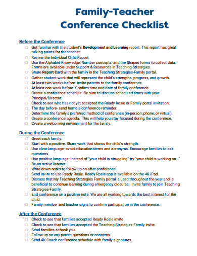 family teacher conference checklist template