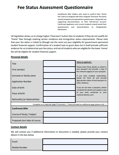 fee status assessment questionnaire template